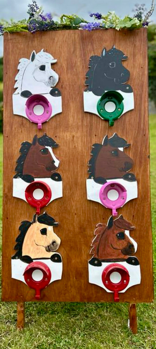 Wooden target with horse designs and colorful rings on a grassy background