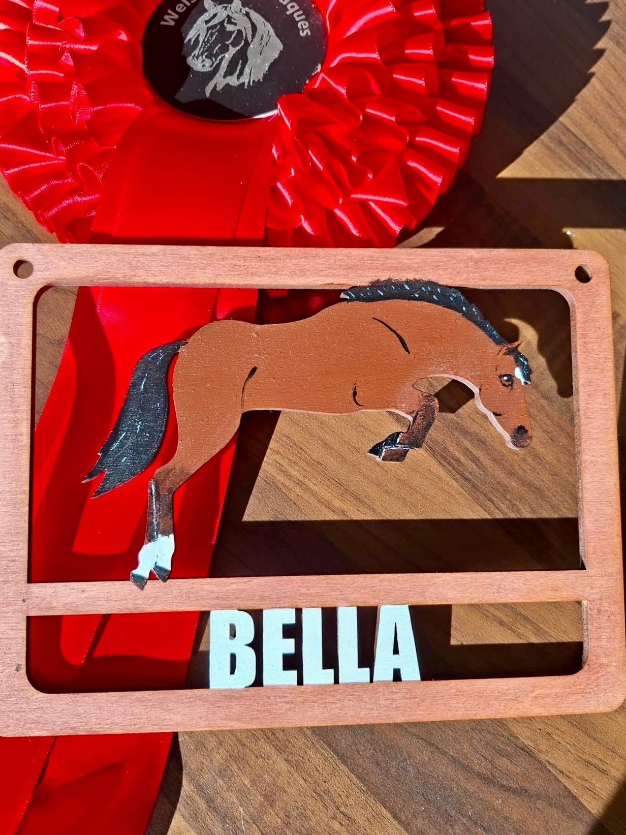 Wooden plaque with a horse illustration and 'Bella' text, next to a red ribbon with a horse emblem.